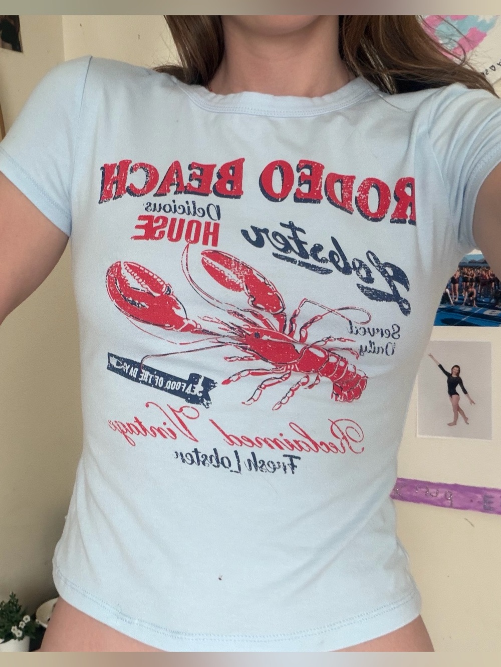 Light Blue Graphic Tee with Red Lobster Print